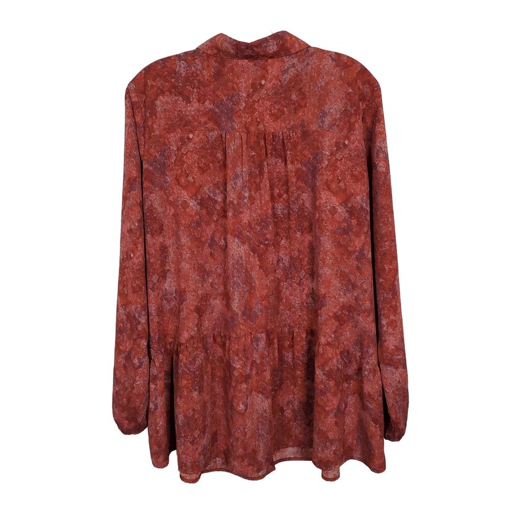 LOGO Lori Goldstein L Blouse Abstract Print Button Semi Sheer Tunic Peplum Tier - Picture 3 of 7